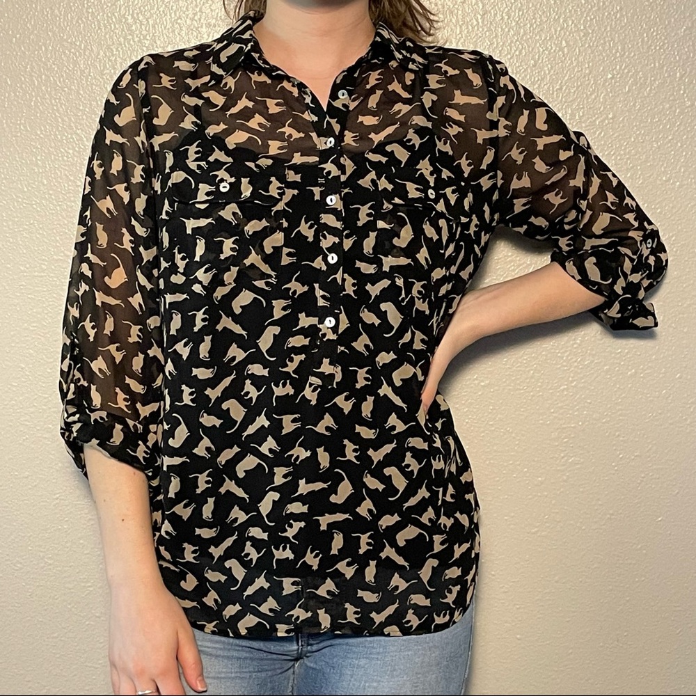 Zara Basic | Black Sheer Cat Print Button Down Blouse